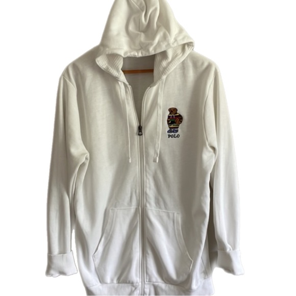 Polo Ralph Lauren Other - Polo Ralph Lauren Bear Patch White Lightweight Cotton Sports Basketball Hoodie